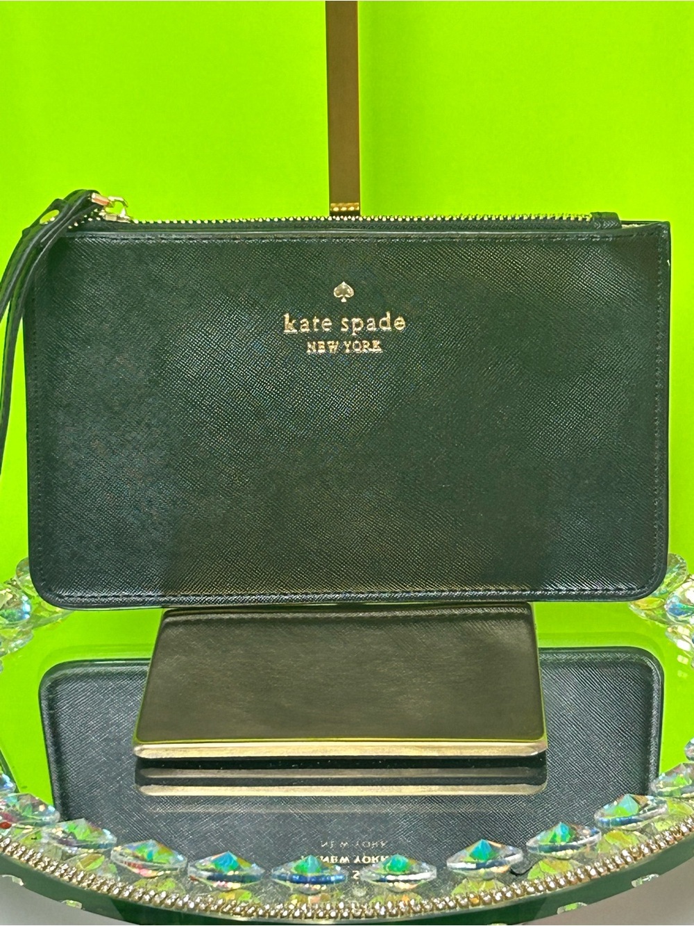 kate spade black leather zip wristlet with gold logo Approx. 8 x 5